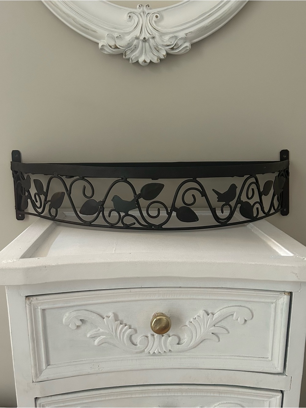 Black Decorative Metal Wall Shelf with Leaf & Bird Motif